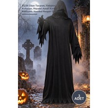 Yenilig 3 Adet Kapüşonlu Cellat Kostümü – Siyah Uzun Tasarım, Yetişkin Kullanım, Hayalet Azrail Korku Kostümü, Hooded Reaper Costume