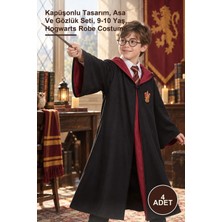 Yenilig 4 Adet Harry Potter Gryffindor Çocuk Cübbe Kostüm – Kapüşonlu Tasarım, Asa ve Gözlük Seti, 9-10 Yaş, Hogwarts Robe Costume
