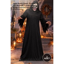 Yenilig 3 Adet Kanlı Gülüş Maskeli Siyah Kapüşonlu Kostüm Seti – Uzun Siyah Cüppe, Korkunç Yüz Maskesi, Cadılar Bayramı Korku Kostümü Horror Mask