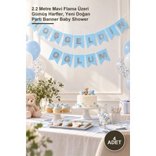 Yenilig 4 Adet Hoşgeldin Oğlum Doğum Süsü Afiş – 2.2 Metre Mavi Flama Üzeri Gümüş Harfler, Yeni Doğan Parti Banner Baby Shower
