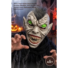 Yenilig 4 Adet Canavar Maskesi – Neon Yeşil Gözlü Saçlı Plastik Kostüm Maskesi, Sivri Kulaklı Diş Detaylı Party Halloween Mask