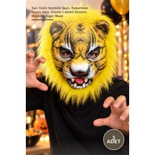 Yenilig 3 Adet Kaplan Eva Maske – Sarı Yeleli Sentetik Saçlı, Kabartmalı Burun-Ağız, Elastik Lastikli Kostüm Maskesi, Tiger Mask