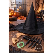 Yenilig 1 Adet Cadı Kostüm Seti – Siyah Şapka, Gerçekçi Tırnak Burun Çene Diş Aksesuarı, Halloween Witch Costume Nails