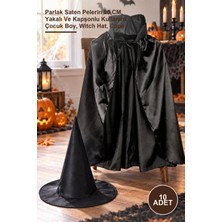 Yenilig 10 Adet Siyah Yakalı Pelerin ve Cadı Şapkası – Parlak Saten Pelerin 90 Cm, Yakalı ve Kapşonlu Kullanım, Çocuk Boy, Witch Hat, Cape