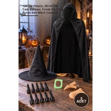 Yenilig 5 Adet Kapüşonlu Siyah Cadı Pelerini – 120 cm Pelerin, 38×34 cm Cadı Şapkası, Tırnak Diş Çene Burun Seti Witch Costume