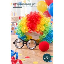 Yenilig 2 Adet Palyaço Kostüm Aksesuar Seti – Rengârenk Kıvırcık Peruk Kırmızı Sünger Burun ve Komik Yuvarlak Gözlük; Parti Karnaval Doğum Günü Clown Wig Costume