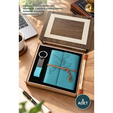 Yenilig 5 Adet Ahşap Kutulu Mavi Deri Defter ve Anahtarlık Seti – Çengelli Tutuculu Defter, Deri Anahtarlık, Lazerle Kişiselleştirilebilir, Notebook Keychain
