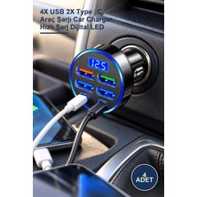 Yenilig 4 Adet 6 Portlu Dijital Göstergeli Hızlı Araç Şarj Cihazı – 4x USB 2x Type‑c, Araç Şarjı Car Charger, Hızlı Şarj Dijital LED