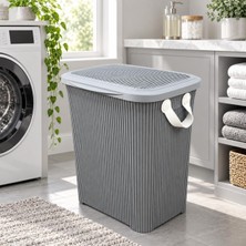 Str Store 45 L Kapaklı Kirli Çamaşır Sepeti | Modern Çizgili Tasarım | Taşıma Kulplu | Dayanıklı Plastik | Banyo, Çamaşır Odası ve Yatak Odası Için | 40 x 34 x 47 cm (Açık Gri)