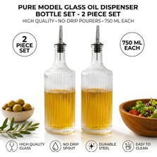 Str Store 2'li Pure Model Şeffaf Cam Yağdanlık Seti - Optikli (Çizgili) Tasarım, Paslanmaz Akıtmaz Uçlu Yağ ve Sirke Şişesi (750 ml x 2 Adet)
