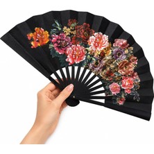 Str Store Katlanabilir El Yelpazesi Siyah Çiçek Desenli Japon Yelpazesi Taşınabilir El Fanı Yazlık Serinletici Dekoratif Dans ve Davet Aksesuarı 47X26 cm