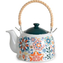 Str Store Porselen Çini Piraye Demlik - Bambu/hasır Saplı, Ateşe Dayanıklı Nostaljik Bitki Çayı ve Çay Demliği (900 ml - 2 Farklı Desen Seçeneği) (Sprıng)