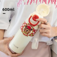 Toyigoo Diller 600ML Sevimli Hayvanlar Desenli Pipetli/pipetsiz El Askılı Paslanmaz Çelik Termos (Diller Bear)