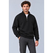 Defy Moda Erkek Üç Iplik Içi Şardonlu Dik Yaka Yarım Fermuarlı Kışlık Sweatshirt - Siyah