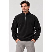 Defy Moda Erkek Polar Dik Yaka Yarım Fermuarlı Uzun Kollu Regular Fit Kışlık Sweatshirt - Siyah