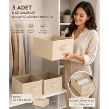 Mor Bebe 3 Adet Krem Kumaş Katlanabilir Dolap Içi Düzenleyici Kutu 45X30X20 cm | Kıyafet ve Giysi Organizer Saklama Kutusu