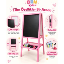 Drn Kids ve Eğitim Masal Pembesi Katlanabilir Çift Taraflı Yazı Tahtası, Kalem , Silgi ve 15 Renkli Tebeşir Hediye