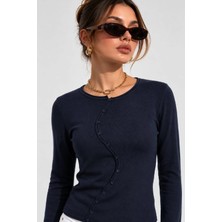 Cockatoo Kadın Lacivert Premium Rayon Kontrast Biyeli Düğmeli Uzun Kollu Hırka (ELF002)
