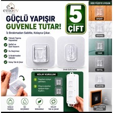 Emoev 5'li Şeffaf Çift Taraflı Geçmeli Yapışkanlı Askı Priz ve Tablo Sabitleyici Matkapsız Duvar Aparatı