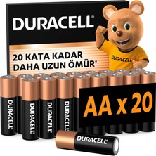 Duracell Alkalin AA Kalem Piller 20'li 1,5 V Uzun Ömürlü Yüksek Performanslı Güç Kaynağı