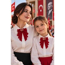 Wow Mom Kids Anne Kız Ay Yıldızlı Kadife Fiyonk Broş Seti – 14X10 cm + 10X7 cm – Milli Gün ve Tören Aksesuarı