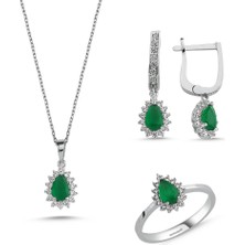 Sembol Gold Beyaz Altın Mini Set Zümrüt Damla 3lü Takım