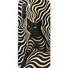 TechTree Oppo Reno 3-A91 Uyumlu Siyah Kedi ve Optik Desenli Baskılı Silikon Kılıf