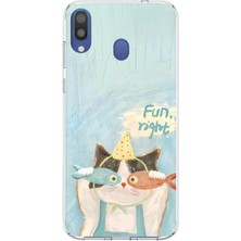 TechTree Samsung Galaxy M20 Uyumlu Balıklı Gözlüklü Komik Kedi Baskılı Silikon Kılıf