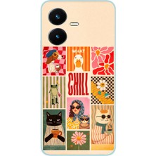 TechTree Vivo Y22S - Y35 Uyumlu Cool Chill Krem Pop Art Kolaj Baskılı Silikon Kılıf