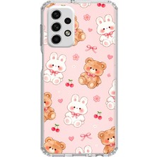 TechTree Samsung Galaxy A73 Uyumlu Pembe Ayıcıklı ve Tavşanlı Kawaii Kiraz Baskılı Silikon Kılıf