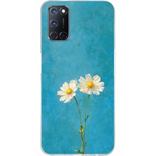 TechTree Oppo A52-A72-92 Uyumlu Iki Beyaz Çiçek Tasarımlı Turkuaz Baskılı Silikon Kılıf