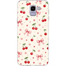 TechTree Samsung Galaxy J6 Uyumlu Pembe Fiyonklu ve Kiraz Desenli Krem Baskılı Silikon Kılıf