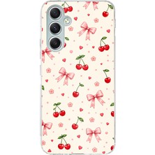 TechTree Samsung Galaxy A34 Uyumlu Pembe Fiyonklu ve Kiraz Desenli Krem Baskılı Silikon Kılıf