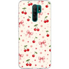 TechTree Redmi 9 Uyumlu Pembe Fiyonklu ve Kiraz Desenli Krem Baskılı Silikon Kılıf