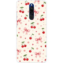 TechTree Redmi 8 Uyumlu Pembe Fiyonklu ve Kiraz Desenli Krem Baskılı Silikon Kılıf