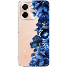 TechTree Vivo Y28 Uyumlu Royal Blue Şakayık Çiçek Demeti Baskılı Silikon Kılıf