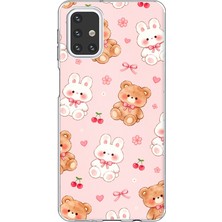 TechTree Samsung Galaxy M31S Uyumlu Pembe Ayıcıklı ve Tavşanlı Kawaii Kiraz Baskılı Silikon Kılıf