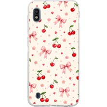 TechTree Samsung Galaxy A10 Uyumlu Pembe Fiyonklu ve Kiraz Desenli Krem Baskılı Silikon Kılıf