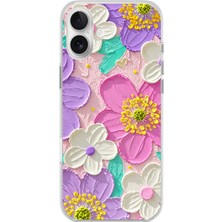 TechTree iPhone 16 Plus Uyumlu Mor ve Pembe Papatya Baskılı Silikon Kılıf