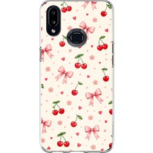 TechTree Samsung Galaxy A10S Uyumlu Pembe Fiyonklu ve Kiraz Desenli Krem Baskılı Silikon Kılıf