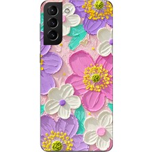 TechTree Samsung Galaxy S21 Plus Uyumlu Mor ve Pembe Papatya Baskılı Silikon Kılıf