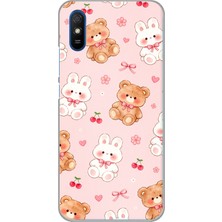 TechTree Redmi 9A Uyumlu Pembe Ayıcıklı ve Tavşanlı Kawaii Kiraz Baskılı Silikon Kılıf