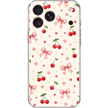 TechTree iPhone 18 Pro Max Uyumlu Pembe Fiyonklu ve Kiraz Desenli Krem Baskılı Silikon Kılıf