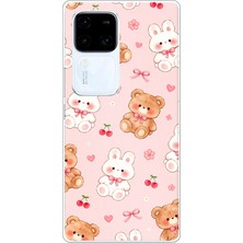 TechTree Vivo V30 Uyumlu Pembe Ayıcıklı ve Tavşanlı Kawaii Kiraz Baskılı Silikon Kılıf