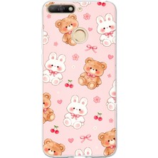 TechTree Huawei Y6 2018 - Honor 7A Uyumlu Pembe Ayıcıklı ve Tavşanlı Kawaii Kiraz Baskılı Silikon Kılıf