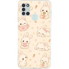 TechTree Samsung Galaxy A21S Uyumlu Sevimli Kawaii Tavşan ve Havuç Desenli Krem Baskılı Silikon Kılıf