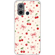 TechTree Redmi 12C Uyumlu Pembe Fiyonklu ve Kiraz Desenli Krem Baskılı Silikon Kılıf