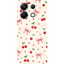 TechTree Poco X6 Pro Uyumlu Pembe Fiyonklu ve Kiraz Desenli Krem Baskılı Silikon Kılıf