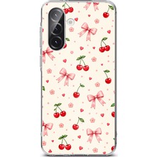 TechTree Samsung Galaxy A56 Uyumlu Pembe Fiyonklu ve Kiraz Desenli Krem Baskılı Silikon Kılıf