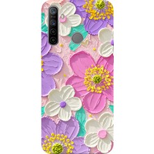TechTree Realme 5i - 6i - C3 Uyumlu Mor ve Pembe Papatya Baskılı Silikon Kılıf